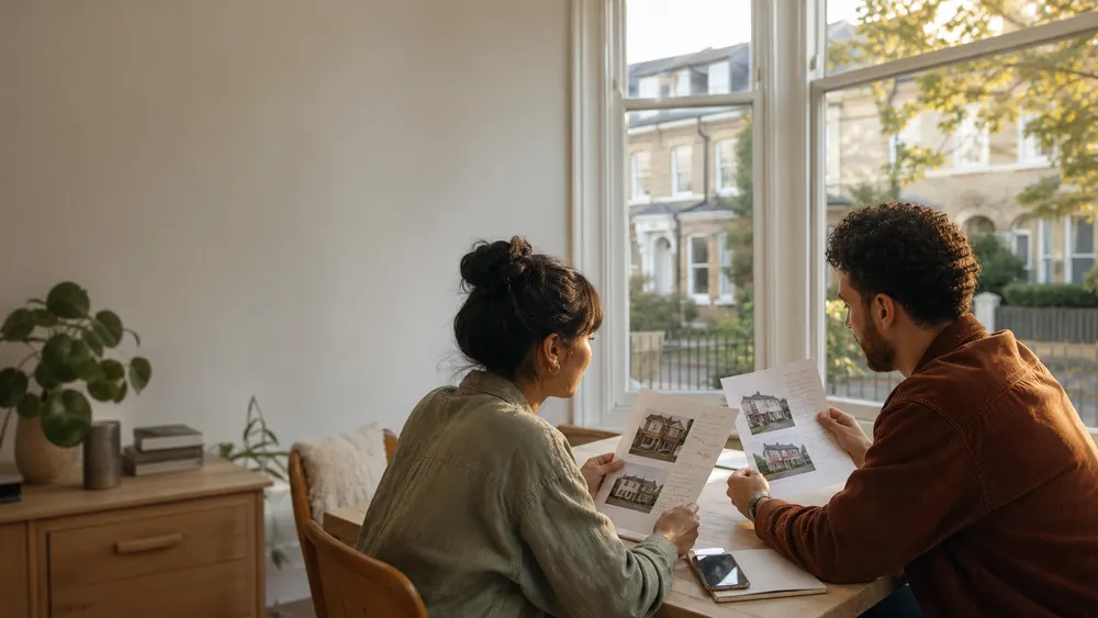A couple comparing two shortlisted homes side by side at their kitchen table