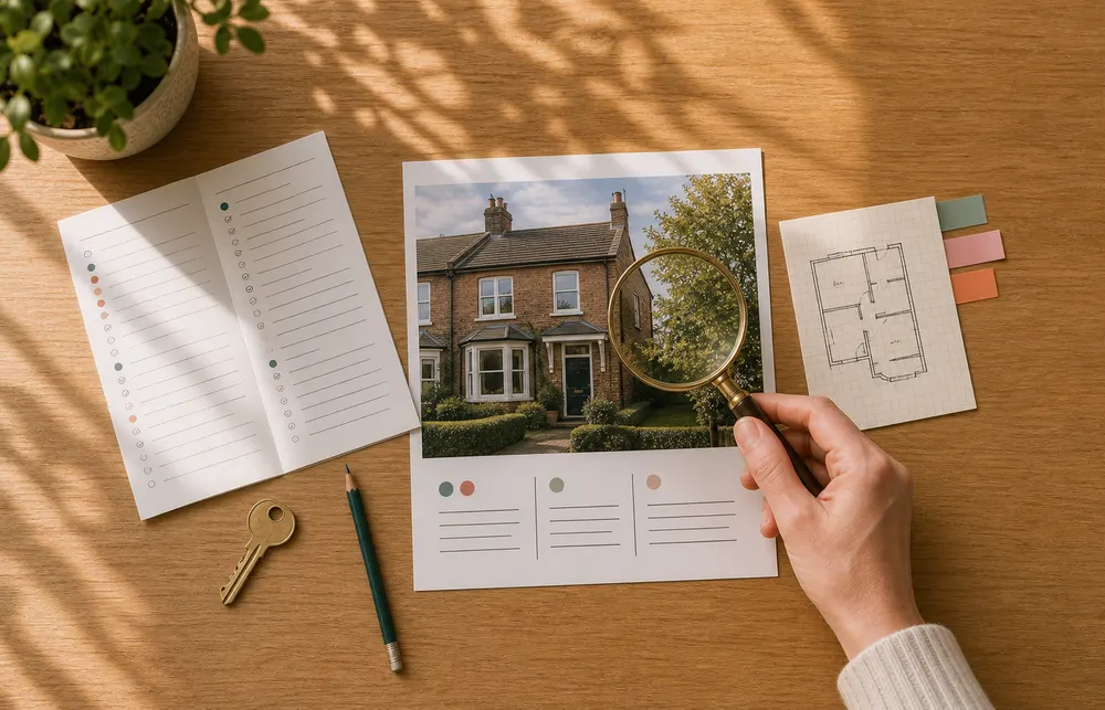 A buyer closely examining a home's details, floor plan, and checklist